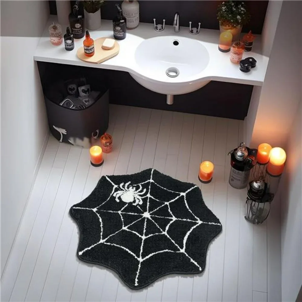 Halloween Bathroom Rugs Spider Webs Round Mats Non Slip Black Washable 28